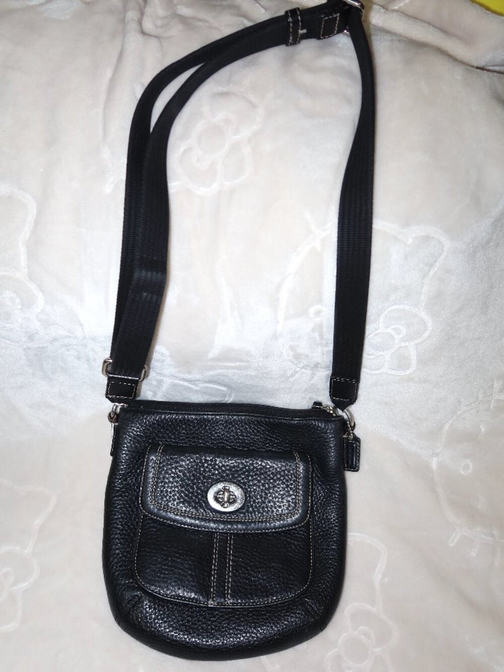 Coach Black Pebbled Leather Crossbody Bag with Turn Lock Flap Pocket